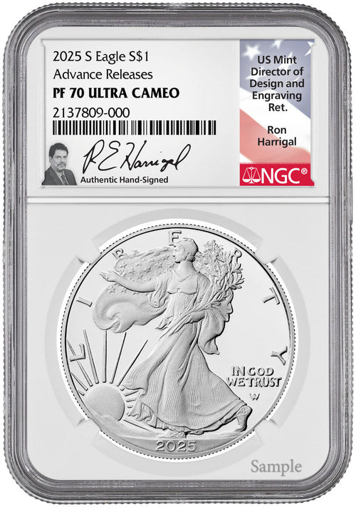 2025-S Silver Eagle Advanced Releases NGC PF70UCAM Harrigal Signed