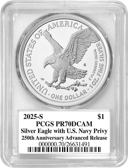 2025-S Silver Eagle 250th Anniversary U.S. Navy Privy AR PCGS PR70 Damstra