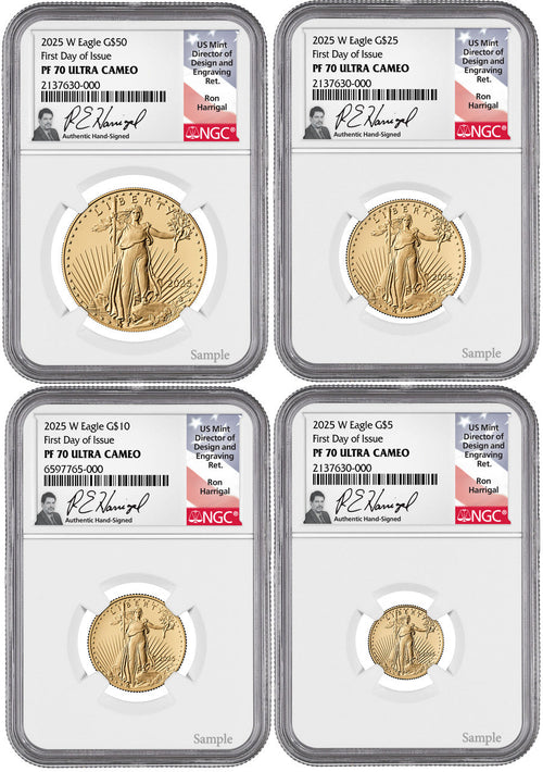 2025-W Proof Gold Eagle 4-Coin Set FDI NGC PF70UCAM Harrigal