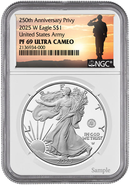 2025-W Silver Eagle 250th Anniversary U.S. Army Privy NGC PF69 Salute Label