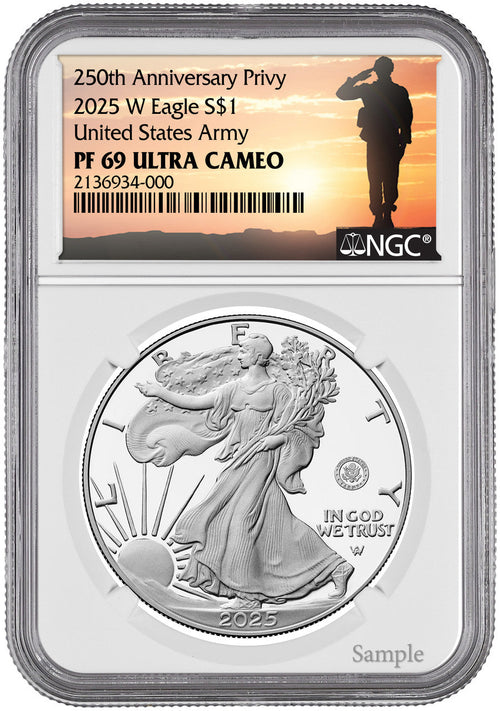 2025-W Silver Eagle 250th Anniversary U.S. Army Privy NGC PF69 Salute Label