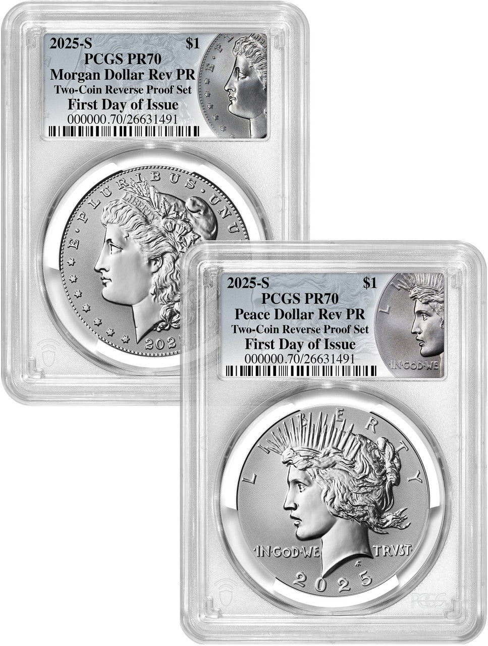 2025-S Morgan and Peace Silver Dollar 2pc Set Reverse Proof FDI PCGS PR70