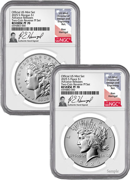 2025-S Morgan and Peace Silver Dollar 2pc Set AR Reverse Proof NGC PF70 Harrigal