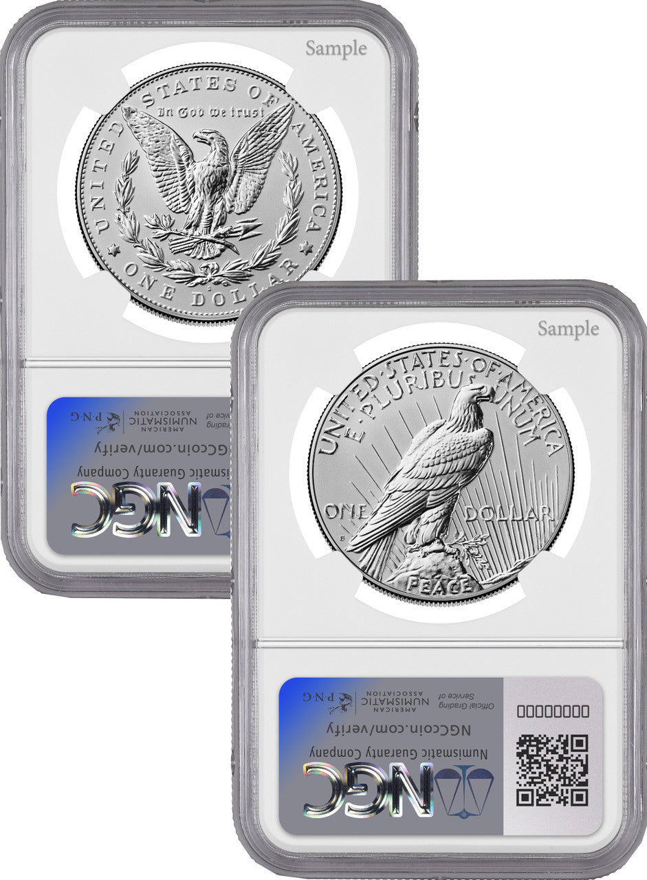 2025-S Morgan and Peace Silver Dollar 2pc Set AR Reverse Proof NGC PF70 Harrigal