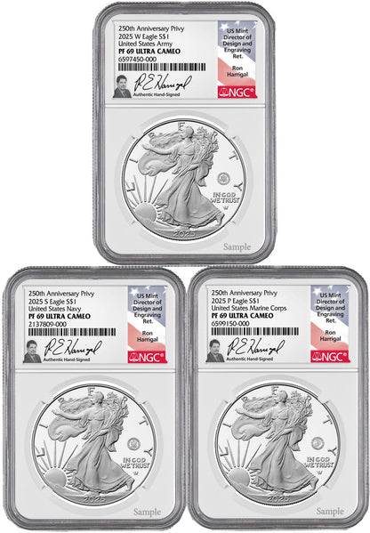 2025 250th Anniversary Armed Forces Privy Silver Eagle 3-Coin Set NGC PF69 Harrigal