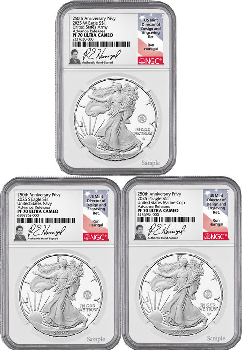 2025 250th Anniversary Armed Forces Privy Silver Eagle 3-Coin Set AR NGC  PF70 Harrigal