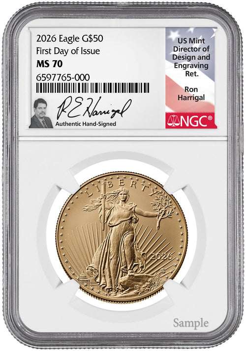 2026 1 oz American Gold Eagle First Day of Issue NGC MS70 Ron Harrigal