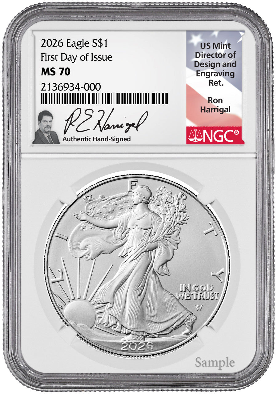2026 American Silver Eagle First Day of Issue NGC MS70 Harrigal Signed