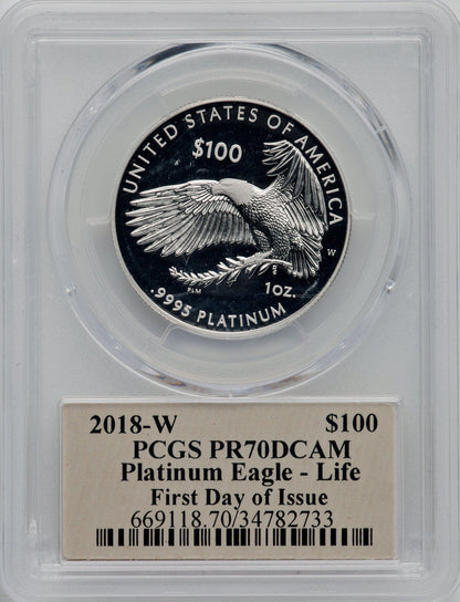2018-W $100 One Ounce Platinum Eagle Life First Day of Issue Art Deco PCGS PR70