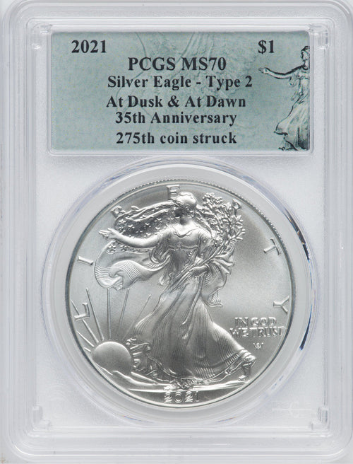 2021 American Silver Eagle Type 2 At Dusk & Dawn 35th Anniversary 275th PCGS MS70