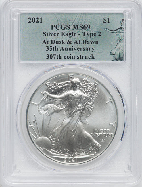 2021 American Silver Eagle Type 2 At Dusk & Dawn 35th Anniversary 307th PCGS MS69