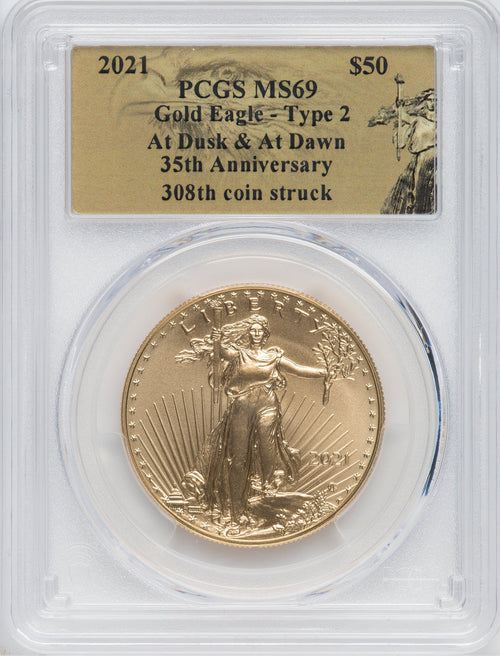 2021 $50 One-Ounce Gold Eagle Type 2 At Dusk & Dawn 35th Anniversary 308th PCGS MS69