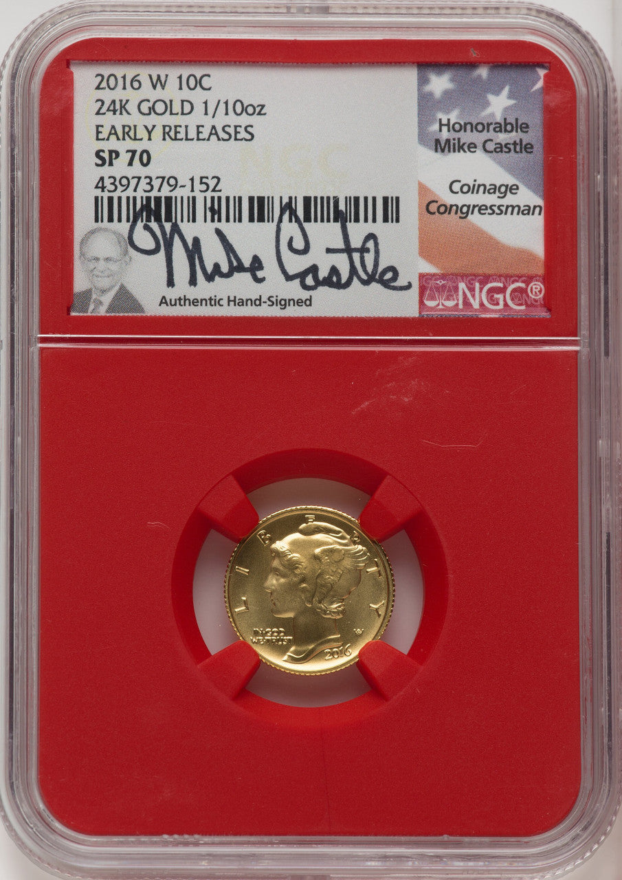 2016-W 10C Mercury Dime 100th Anniversary Gold Centennial ER Mike Castle NGC MS70
