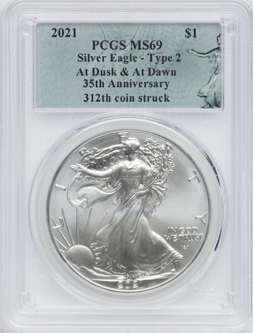 2021 American Silver Eagle Type 2 At Dusk & Dawn 35th Anniversary 312th PCGS MS69