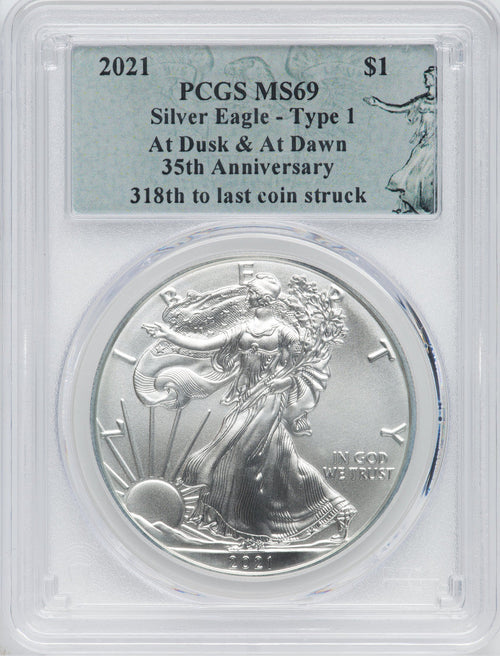 2021 $1 One-Ounce Silver Eagle Type 1 At Dusk & Dawn 35th Anniversary 318th PCGS MS69