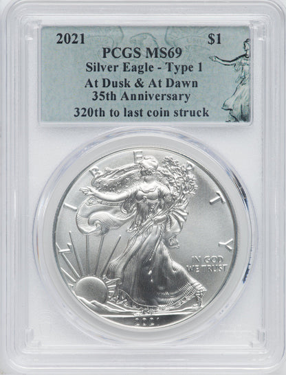 2021 $1 One-Ounce Silver Eagle Type 1 At Dusk & Dawn 35th Anniversary 320th PCGS MS69