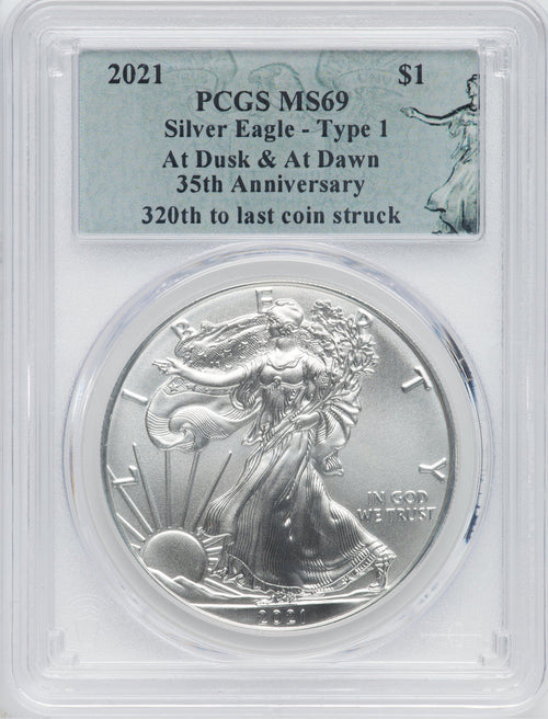 2021 $1 One-Ounce Silver Eagle Type 1 At Dusk & Dawn 35th Anniversary 320th PCGS MS69