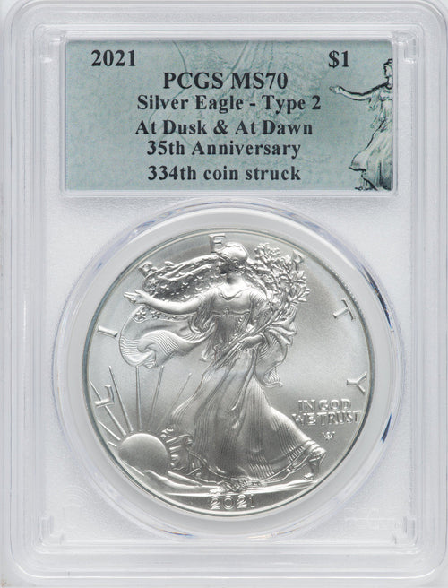 2021 American Silver Eagle Type 2 At Dusk & Dawn 35th Anniversary 334th PCGS MS70
