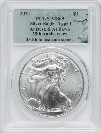 2021 American Silver Eagle Type 1 At Dusk & Dawn 35th Anniversary 334th PCGS MS69