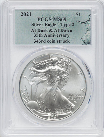 2021 American Silver Eagle Type 2 At Dusk & Dawn 35th Anniversary 343rd PCGS MS69