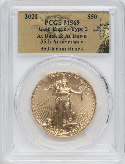 2021 2 Coin Set T2 Gold Silver Eagles 350th Dusk & Dawn 35th Anniversary PCGS MS69