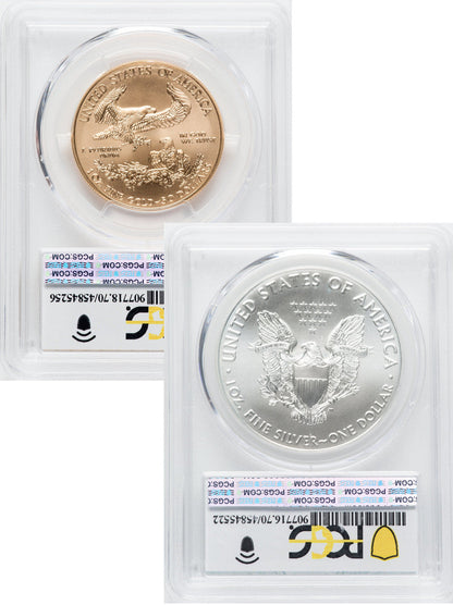 2021 2 Coin Set T1 Gold Silver Eagles 350th Dusk & Dawn 35th Anniversary PCGS MS70