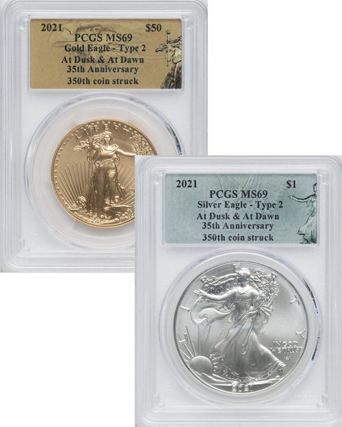 2021 2 Coin Set T2 Gold Silver Eagles 350th Dusk & Dawn 35th Anniversary PCGS MS69