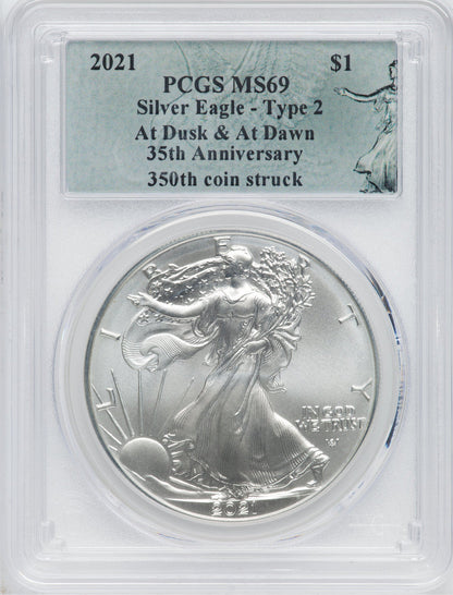 2021 2 Coin Set T2 Gold Silver Eagles 350th Dusk & Dawn 35th Anniversary PCGS MS69