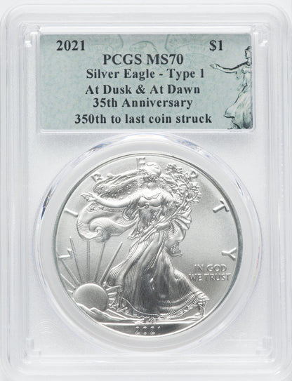 2021 2 Coin Set T1 Gold Silver Eagles 350th Dusk & Dawn 35th Anniversary PCGS MS70