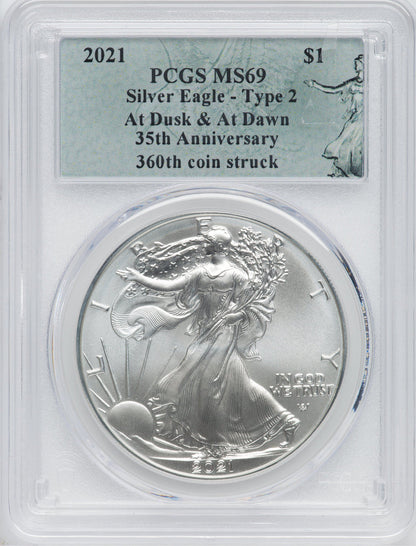 2021 American Silver Eagle Type 2 At Dusk & Dawn 35th Anniversary 360th PCGS MS69