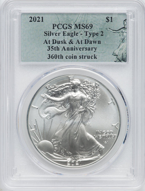 2021 American Silver Eagle Type 2 At Dusk & Dawn 35th Anniversary 360th PCGS MS69