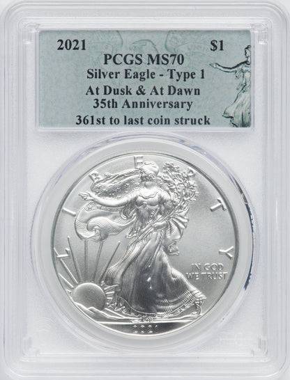 2021 American Silver Eagle Type 1 At Dusk & Dawn 35th Anniversary 361st PCGS MS70