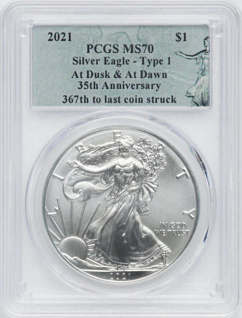 2021 American Silver Eagle Type 1 At Dusk & Dawn 35th Anniversary 367th PCGS MS70