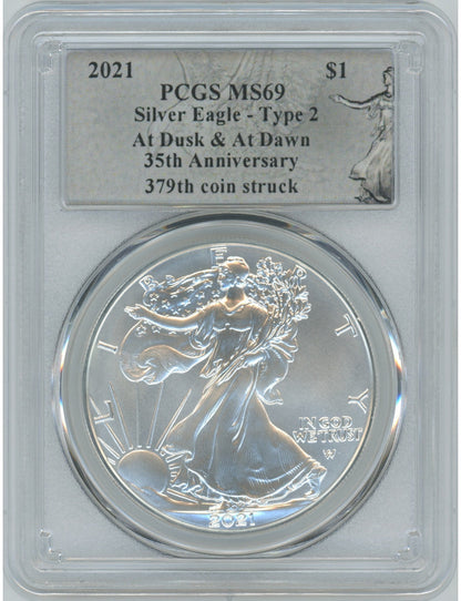2021 American Silver Eagle Type 2 At Dusk & Dawn 35th Anniversary 379th PCGS MS69
