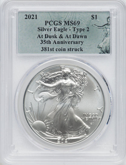 2021 American Silver Eagle Type 2 At Dusk & Dawn 35th Anniversary 381st PCGS MS69