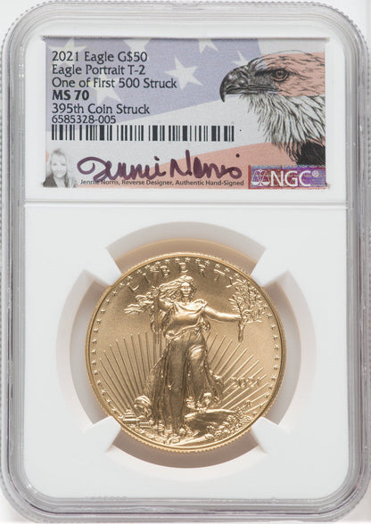 2021 $50 Gold Eagle Type 2 At Dusk & Dawn 35th Annv 395th NGC MS70 Jennie Norris Signed