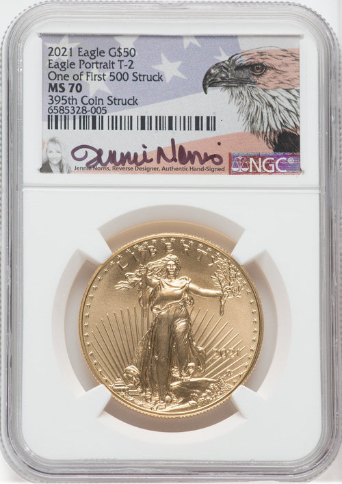 2021 $50 Gold Eagle Type 2 At Dusk & Dawn 35th Annv 395th NGC MS70 Jennie Norris Signed
