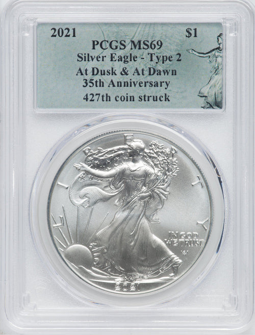 2021 American Silver Eagle Type 2 At Dusk & Dawn 35th Anniversary 427th PCGS MS69