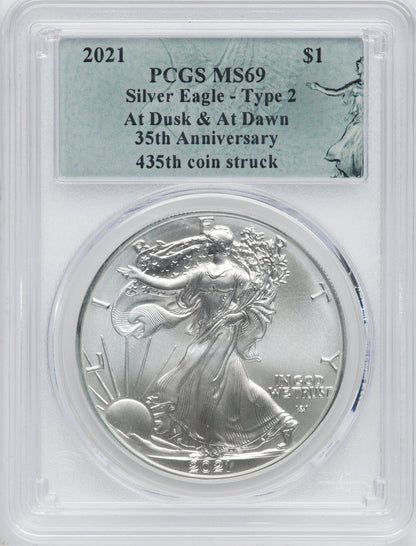 2021 American Silver Eagle Type 2 At Dusk & Dawn 35th Anniversary 435th PCGS MS69