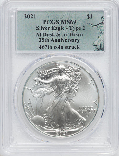 2021 American Silver Eagle Type 2 At Dusk & Dawn 35th Anniversary 467th PCGS MS69