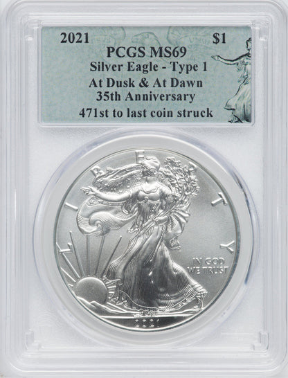 2021 American Silver Eagle Type 1 At Dusk & Dawn 35th Anniversary 471st PCGS MS69