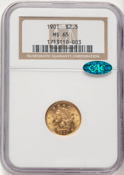 1901 $2.50 CAC Liberty Quarter Eagle NGC MS65