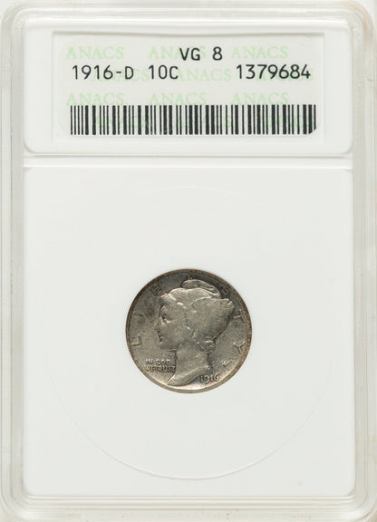 1916-D 10C Mercury Dime ANACS VG8