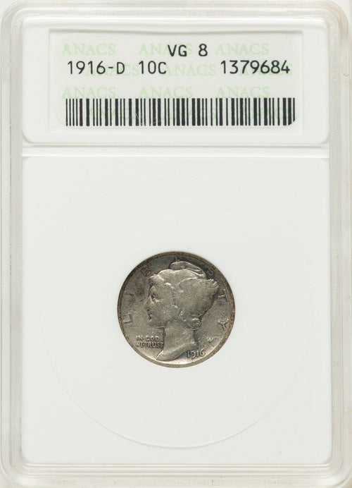 1916-D 10C Mercury Dime ANACS VG8