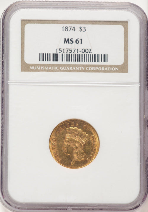 1874 $3 Three Dollar Gold Pieces NGC MS61