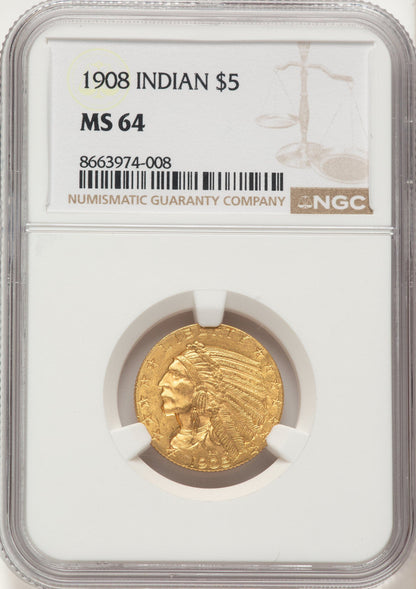 1908 $5 Indian Half Eagle NGC MS64