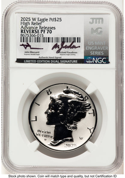 2025-W Palladium Eagle 1 oz REV AR John /Michael Gaudioso US Mint Engraver Series NGC PF70 Mercanti