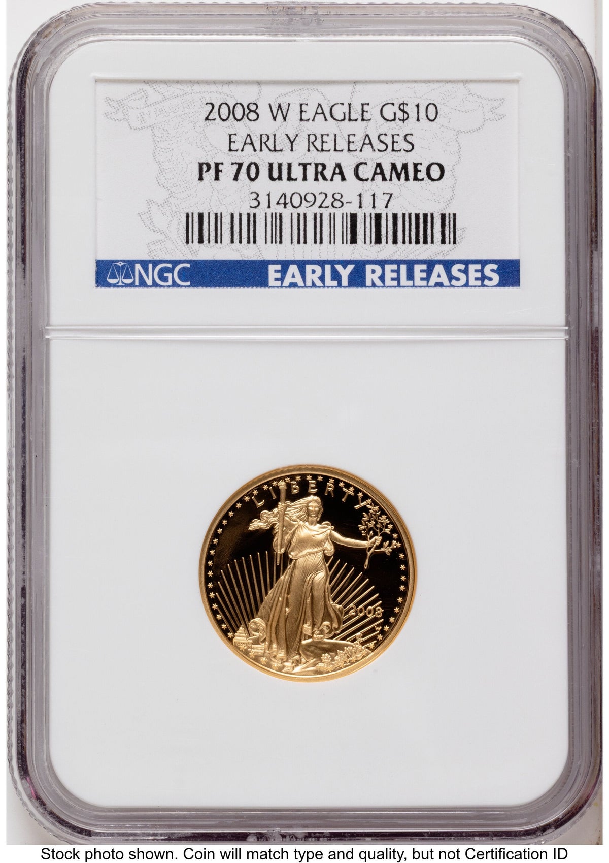 2008-W Proof Gold Eagle 1/4 oz ER Blue NGC PF70