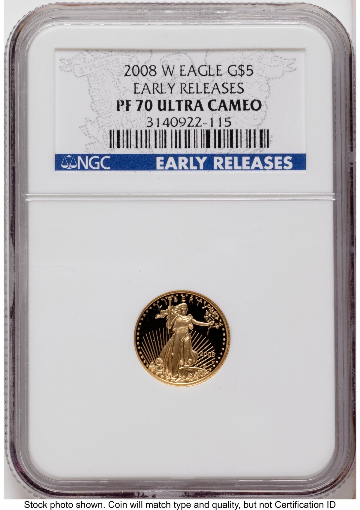 2008-W Proof Gold Eagle 1/10 oz ER Blue NGC PF70