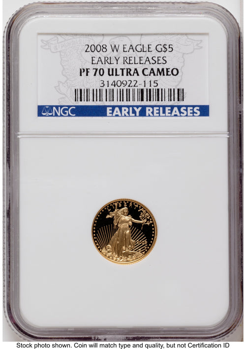 2008-W Proof Gold Eagle 1/10 oz ER Blue NGC PF70